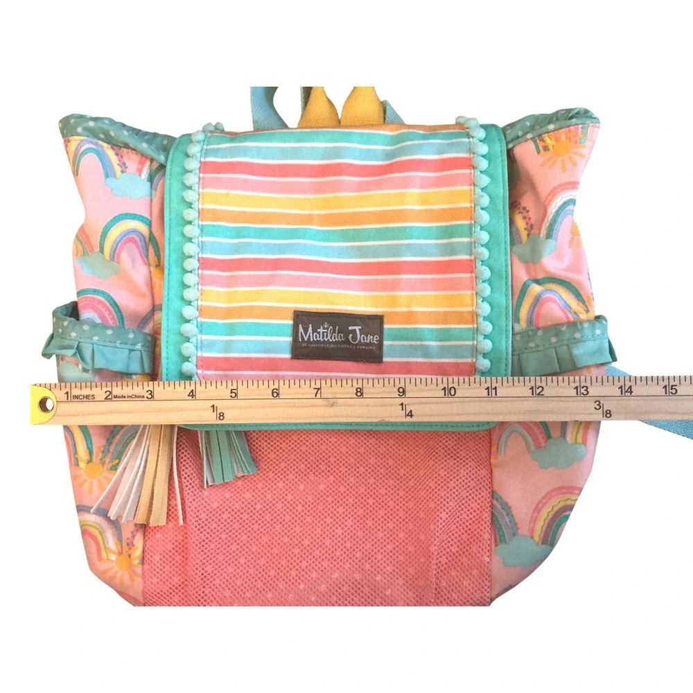 Matilda Jane Rainbow Sun Pink Teal Pom Pom Tassel Drawstring Backpack Bag